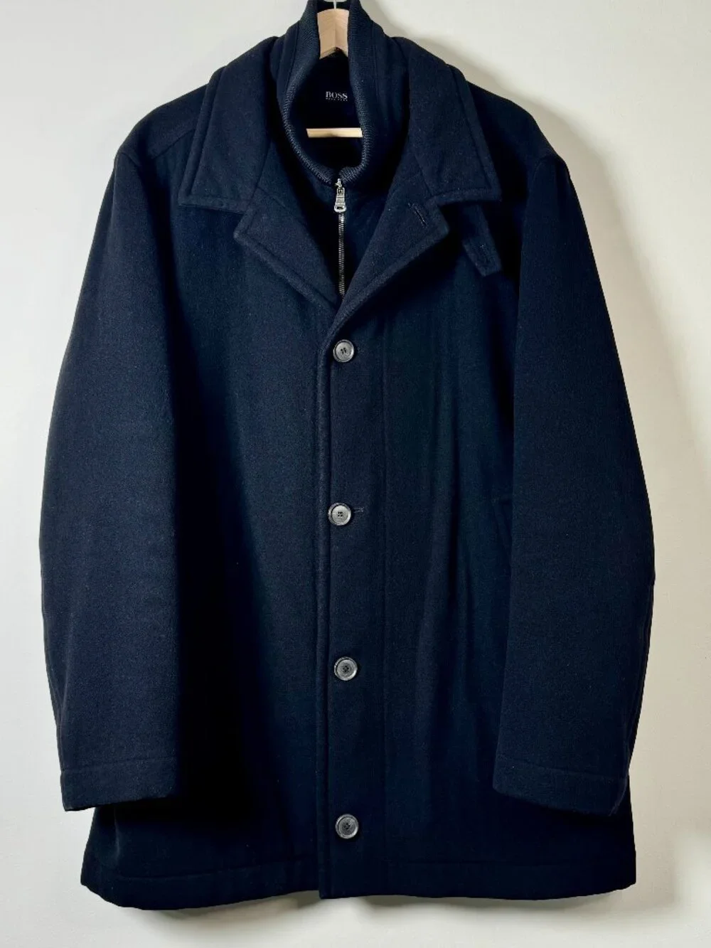 Hugo Boss Men's Coxtan Wool Cashmere Blend Black Coat with Knit Collar Sz L